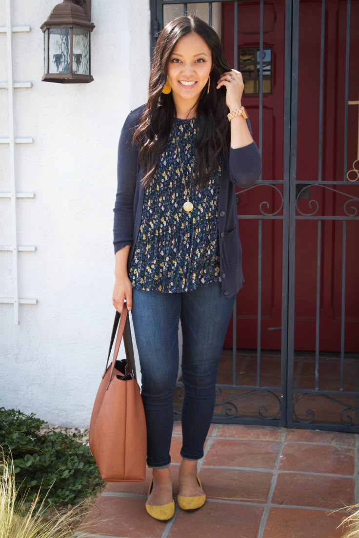 Navy Cardi + Floral Top + Skinnies + Mustard Flats Navy Cardi + Floral Top + Skinnies + Mustard Flats