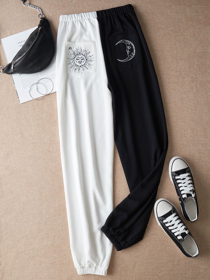 Sun & Moon Graphic Colorblock Sweatpants | ROMWE USA | Tween fashion ...