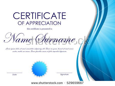 Certificate of appreciation template with blue dynamic wavy vortex light background and seal. Vector illustration
