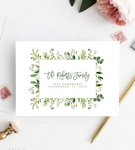 Editable A7 Invitation Envelope Address Template – Green Leaves Foliage – Printable – Personalize Instantly