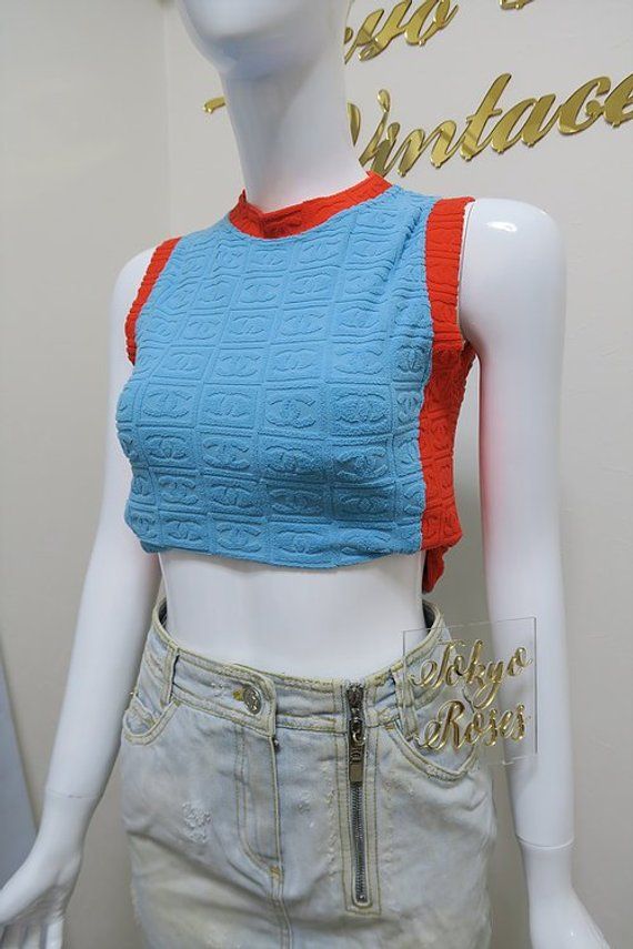 Chanel Orange & Blue All Over CC Logo Terry Cloth Sleeveless Tank