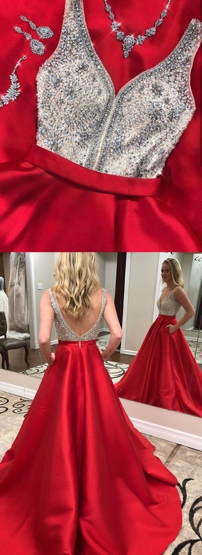 Amazing 2019 red long prom dress with pockets, red prom dress with silver sequins top C3…