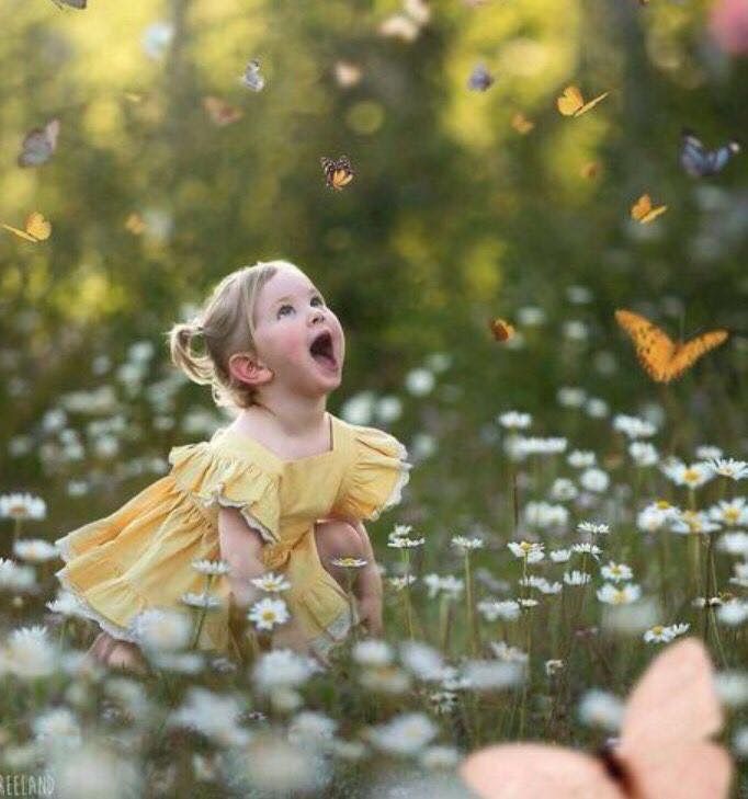Cute little girl watching butterflies fly around a flower field. | Children photography, Beautiful children, Cute kids