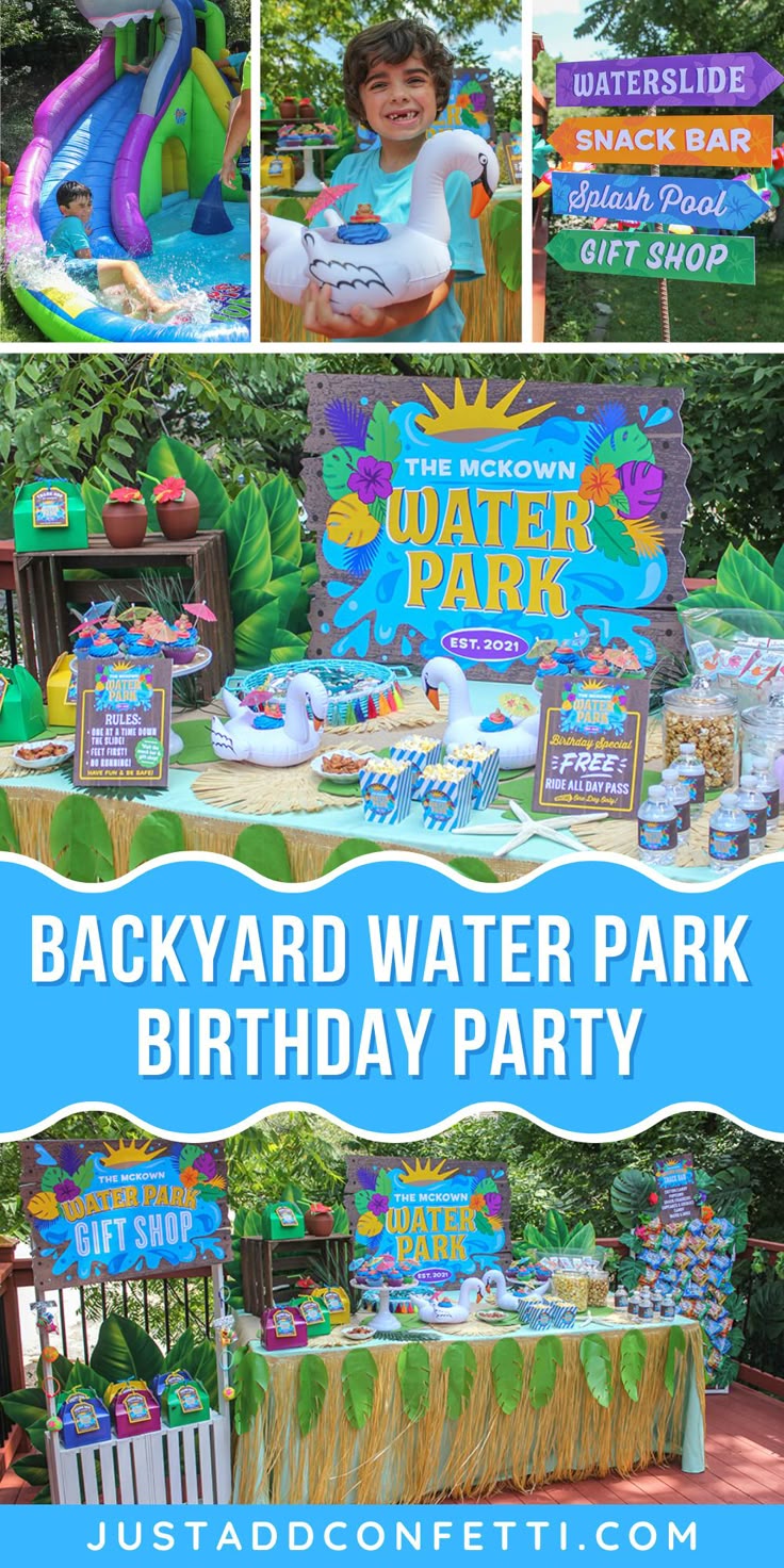 The Backyard Water Park Birthday Party Is Set Up With Decorations And the-backyard-water-park-birthday-party-is-set-up-with-decorations-and