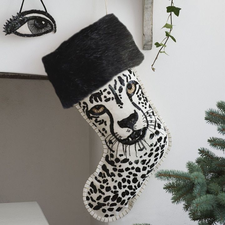 Jan Constantine Cheetah Sequin Christmas Stocking Cream Christmas Stockings Stockings Christmas