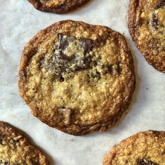 Rustic Chocolate Chip Cookies have crispy edges with a Rustic Chocolate Chip Cookies have crispy edges with a