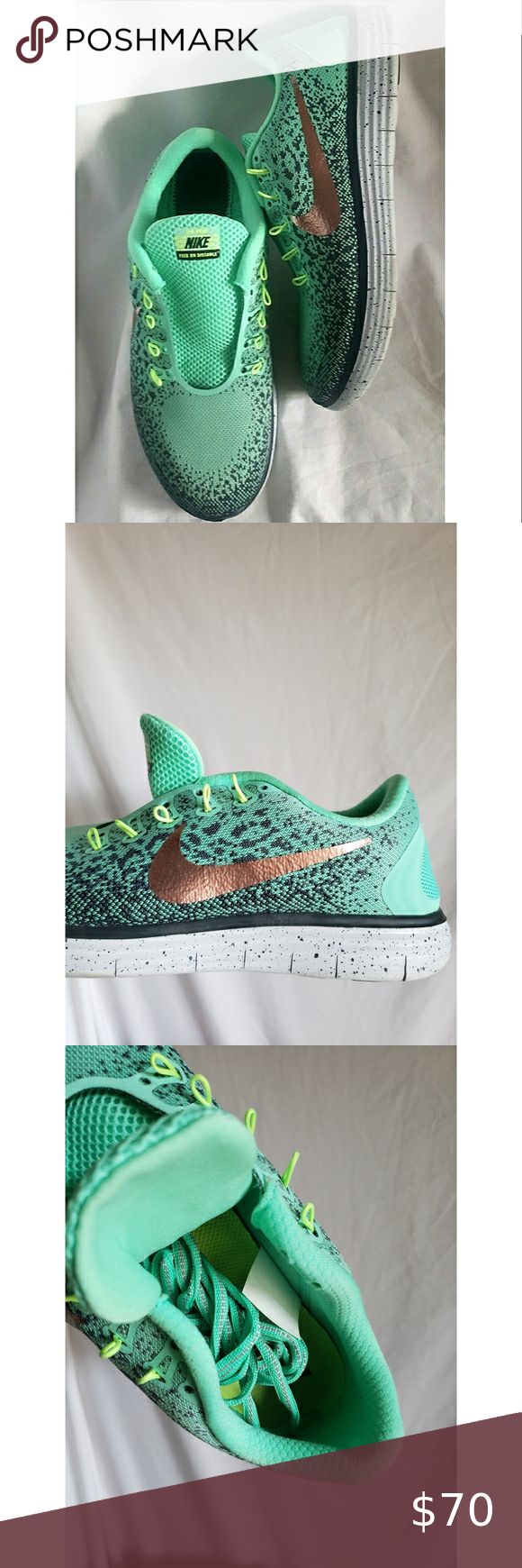 NIKE teal rose gold Free Run Distance H O repel flyknit sneakers 8.5