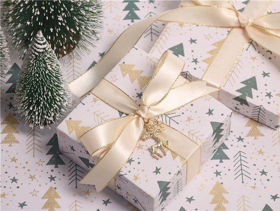 Green and Gold Trees Christmas Wrapping Paper,Christmas Wrapping Sheets,Holiday ...