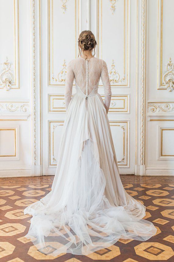 Lace Long Sleeve Wedding Dress With Tiered Skirt And Crystal