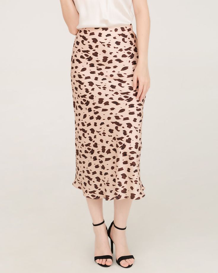 Ladies Leopard Print Silk Skirt High Waist Elastic Silk Midi Skirt Casual Mid Length Cheetah A Link Skirts
