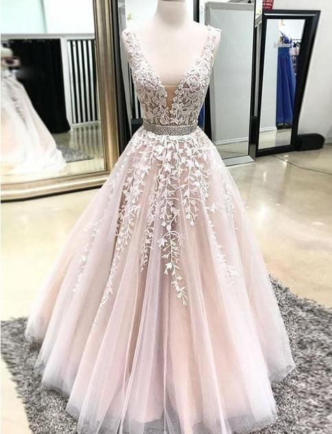 Open Back Lace Champagne Evening Gowns V-Neck A-line Beaded Long Prom Dresses Open Back Lace Champagne Evening Gowns V-Neck A-line Beaded Long Prom Dresses