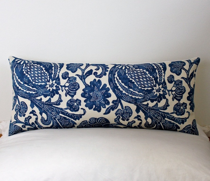 Floral Batik Decorative Designer Bolster Pillow Cover 10x22 NEW. Navy Blue / Indigo . Accent ...