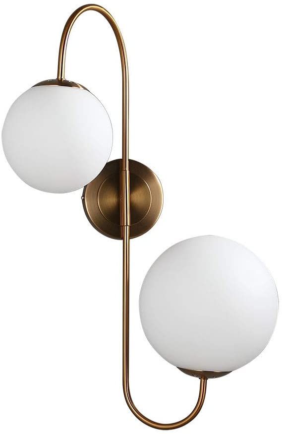 KunMai Modern Chic Milky White Glass Globe Two-Light Indoor Wall Lamp in Aged Brass for Bedroom Bathroom Hallway Sconce KunMai Modern Chic Milky White Glass Globe Two-Light Indoor Wall Lamp in Aged Brass for Bedroom Bathroom Hallway Sconce