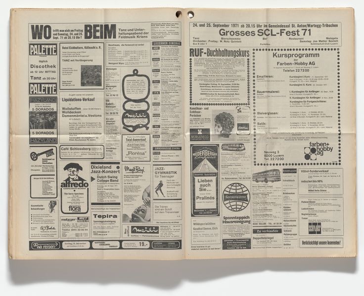 In spring 1971 Roth began taking out small advertisements in the pages of the Luzerner Stadtanzeiger, a free pennysaver magazine in Lucerne, Switzerland. He published ambiguous aphorisms such as “Tears are a ship on the sea of tears” and “A tear is as evil as a good word.” The statements were sparsely formatted and, save for the initials D. R., contained no clues about the artist’s intentions or identity. Roth’s ads ran for over a year, until the publisher terminated his contract, reportedly ...