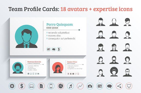 Team Profile Business Cards Template Graphics Team profile cards including 18 male & female avatars expertise/skills icons - suitable for te by vekstok