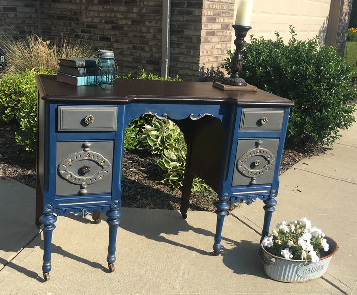 Antique Vanity Desk Chalk Painted In Art Minds Indigo And Pewter Accents Glazed Gold General Finishes Gel Stain Antique Vanity Desk Chalk Painted In, Chalk Painted Vanity Desktop