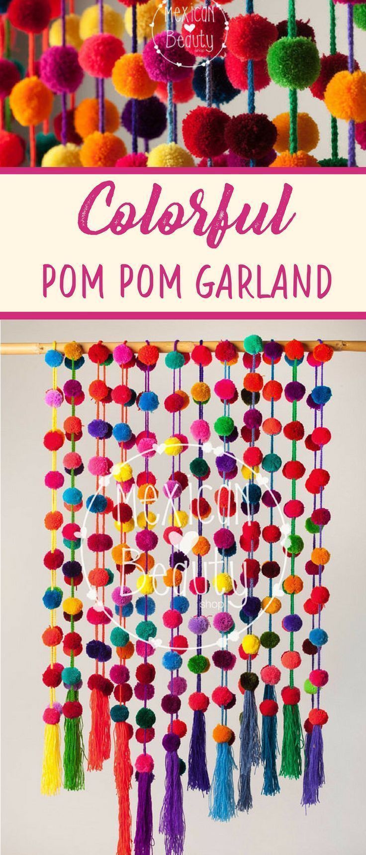 colorful pom - pom garland hanging from the ceiling with text overlay that reads,