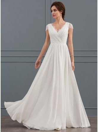 A-Line V-neck Floor-Length Ruffle Zipper Up Beach Hall Garden / Outdoor Receptio… A-Line V-neck Floor-Length Ruffle Zipper Up Beach Hall Garden / Outdoor Receptio…