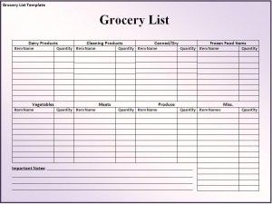 excel grocery list