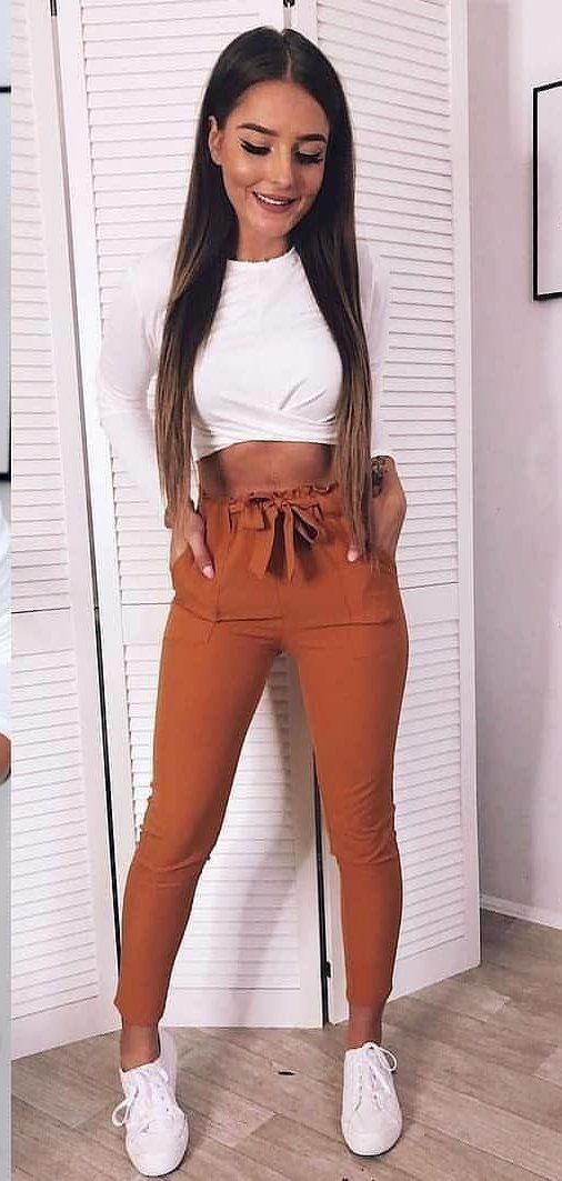 white top and brown pants #spring #outfits white top and brown pants #spring #outfits
