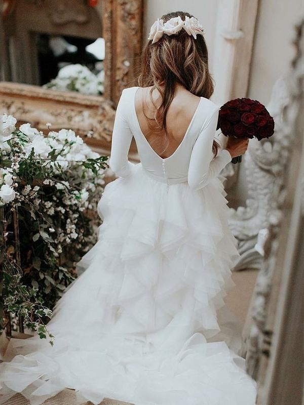 Ball Gown Long Sleeves Cascading Ruffles Sweep Brush Church
