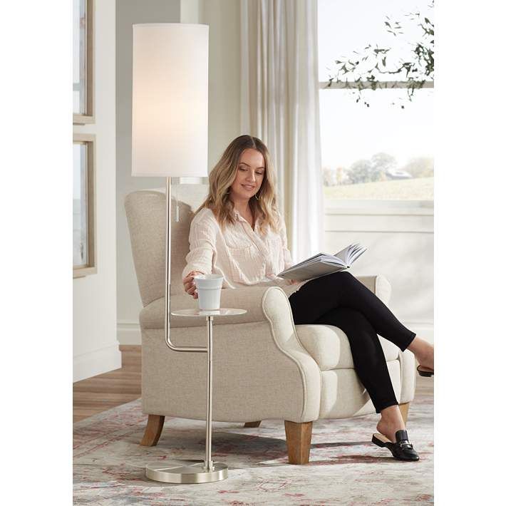 Possini Euro Piccolo Brushed Nickel Floor Lamp With Glass Tray Table 91f66 Lamps Plus In 2021 Possini Euro Piccolo Brushed Nickel, Hunter Floor Lamp With Tray Table And Usb Port