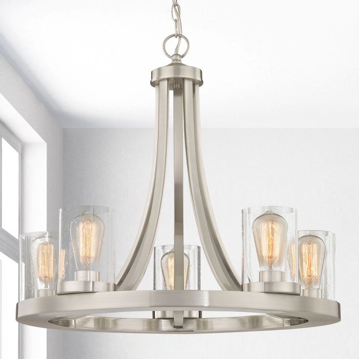 Rio 5 Light Chandelier In Satin Nickel With Seeded Cylinder Glass At Destination Lighting Glass Chandelier, Seedy Glass Chandelier