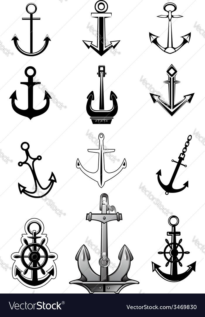 Modern and vintage anchor icons for nautical, tattoo and heraldry