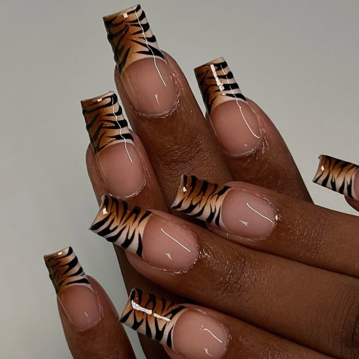 zebra print nails Brown Coffin Zebra Print Nails