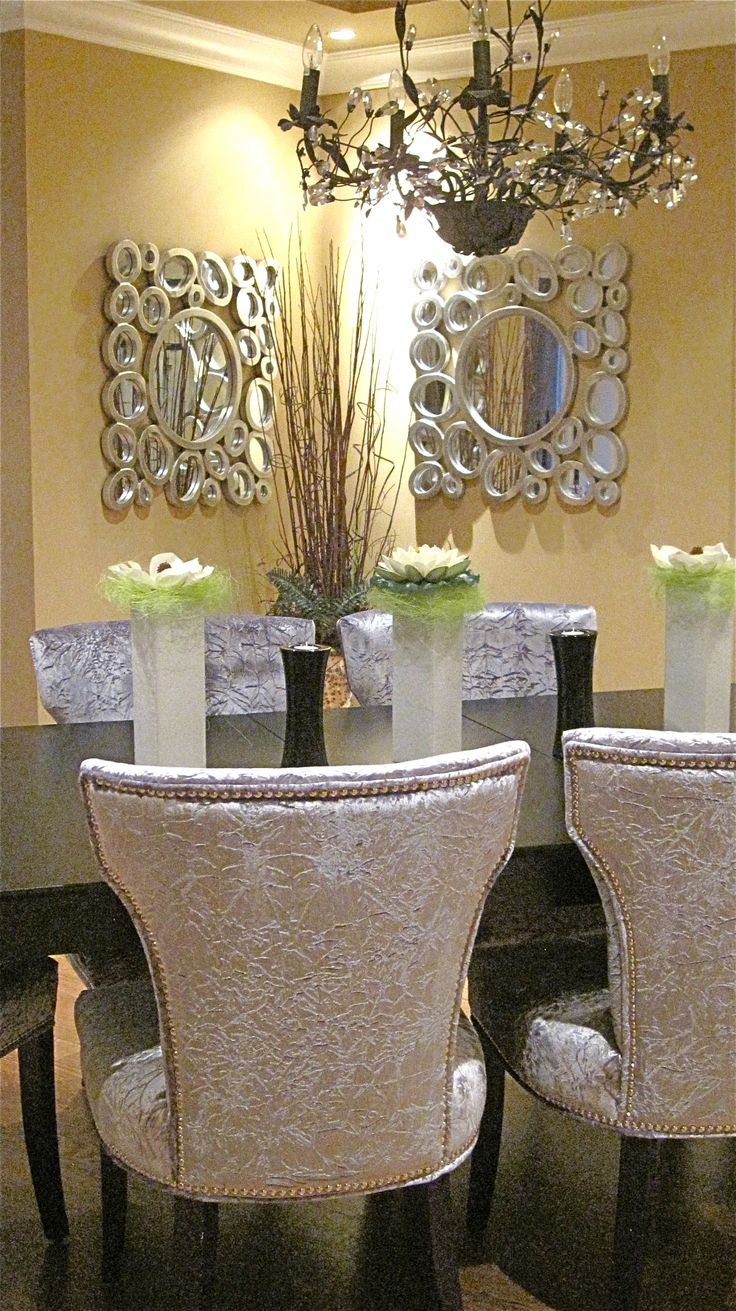 Dining Room Features Silver Crushed Velvet Dining Chairs, Espresso Dining Room features silver crushed velvet dining chairs, espresso dining table, large silver bubble-style mirrors. Luxury home located on 30th Av… ... - Dining Room Features Silver Crushed Velvet Dining Chairs, Espresso