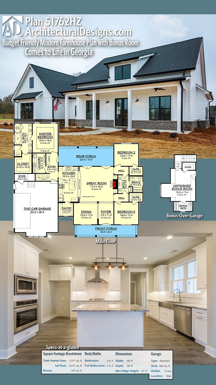 Architectural Designs House Plan 51762HZ client-built in Georgia. 3+BR, 2+BA, 2,...