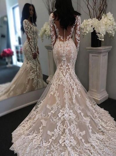 V Neck Mermaid Lace Wedding Dresses ...