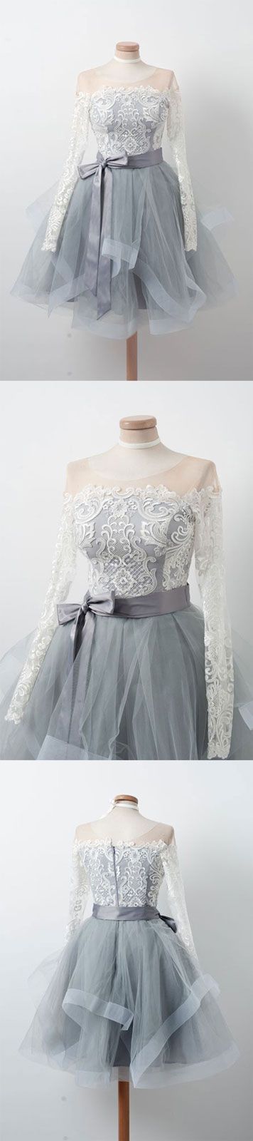 Graues, kurzes Abschlusskleid aus Tüll mit rundem Halsausschnitt, graues Kleid ...