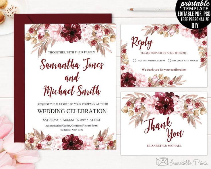 Marsala Wedding Invitation Set Template Printable Burgundy Bohemian Bordo Red Floral Flower Maroon Wedding Invitation Templates
