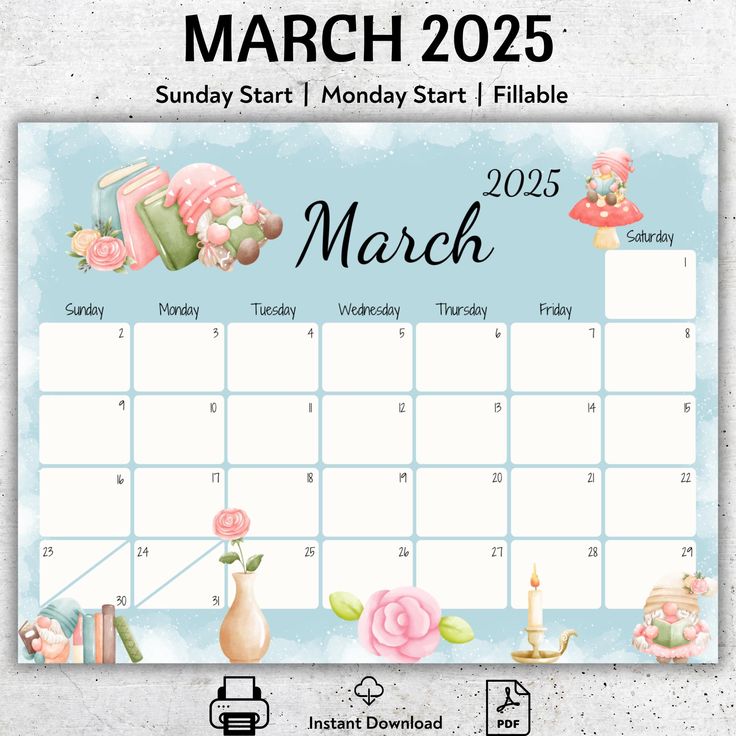 EDITABLE March 2025 Calendar, Fillable Calendar, Cute Gnomes, Happy St. Patrick's Day, Homeschool Planner, Monthly Schedule for Kids, PDF Etsy trong 2025