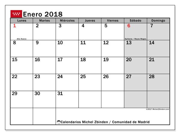calendario mensual 2018 para imprimir