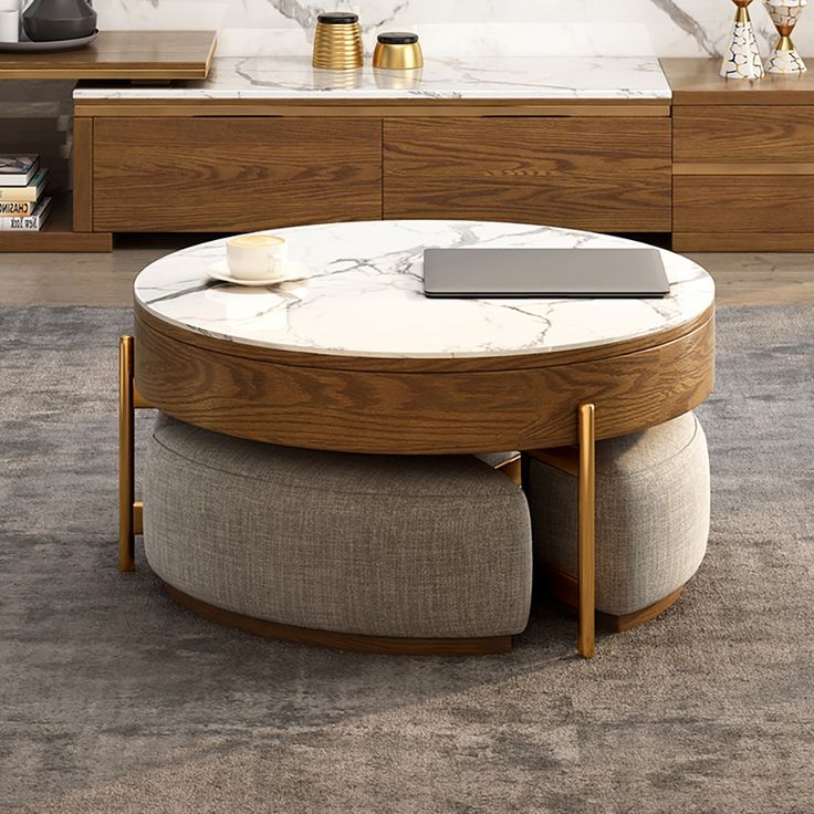 Runder Lift Top Couchtisch Mit Ablage Weiß Schwarz Ohne Hocker In 2021 Coffee Table With Seating Round Modern Coffee Table, Round Lift Top Coffee Table With Storage 3 Ottoman White Natural