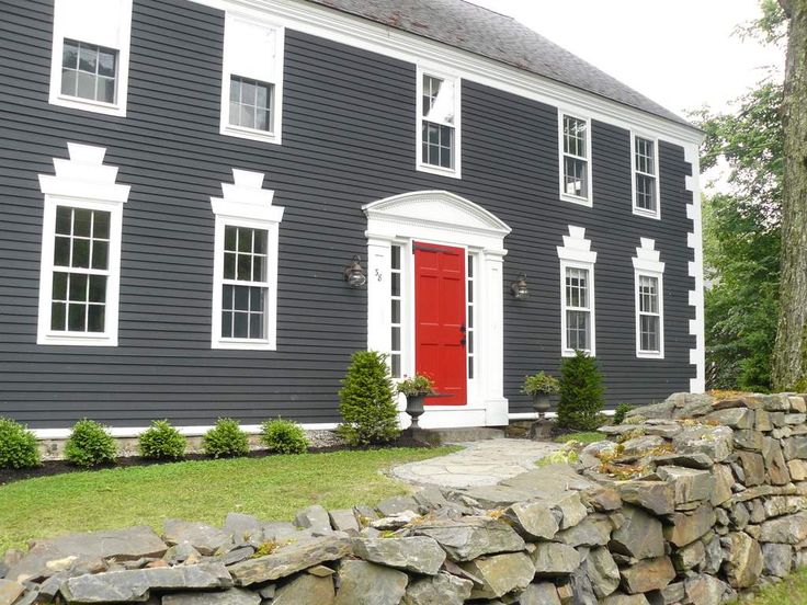 Dark Red Front Door grey-house-with-black-shutters-and-red-door | homeyishness Dark Red Front Door grey-house-with-black-shutters-and-red-door | homeyishness