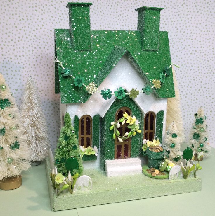 St. Patrick's Day Putz House in Green and White (Large) with Pot of Gold by glitteratmidnight on Etsy https://www.etsy.com/listing/582556312/st-patricks-day-putz-house-in-green-and