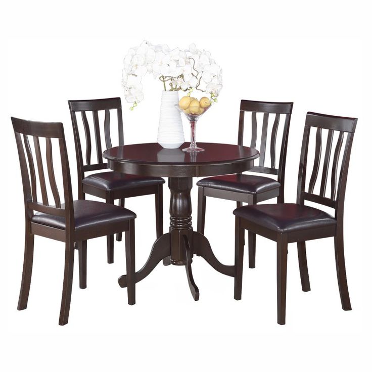 East West Furniture Antique 5 Piece Pedestal Round Dining Table Set With Faux Leather Seat East West Furniture Antique 5 Piece Pedestal Round Dining Table Set With Faux Leather Seat