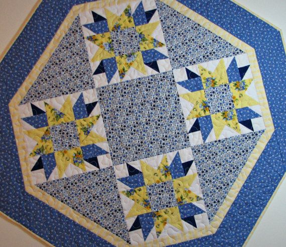 Shabby Cottage Chic Table Topper 36x38.5 Octagon Spring Floral Table Topper Blue and Yellow Quilted Table Runner