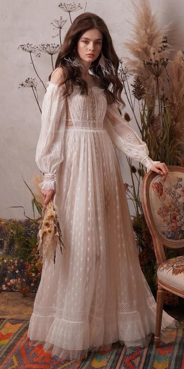 Long Sleeve Lace Wedding Dress, Boho Chiffon and Lace Wedding Dress, Flowy  Wedding Dress 