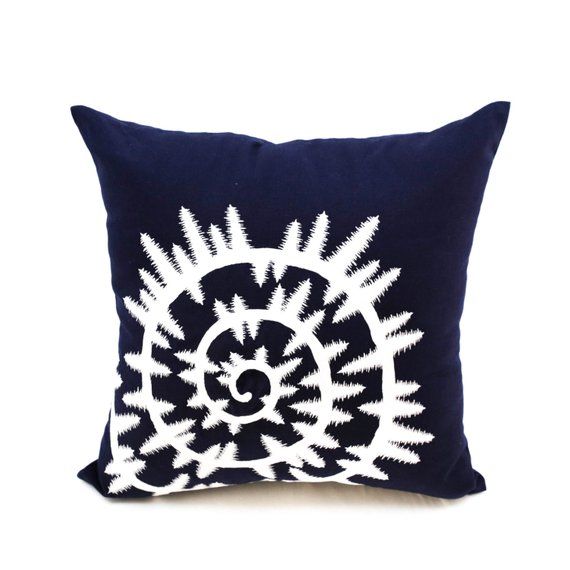 Coastal Navy Blue Embroidered Seashell Nautical pillow. Nautical decor. Navy