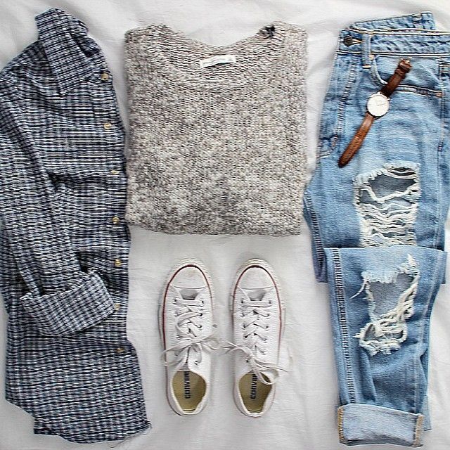 Plaid Shirt With Gray Sweater Ripped Blue Jeans And White Converse Plaid Shirt With Gray Sweater Ripped Blue Jeans And White Converse