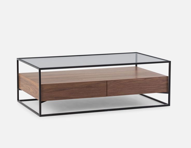 Structube Axel Walnut Veneer Storage Coffee Table With Tempered Glass Top Cabinet