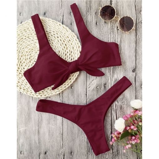 Bikini Knotted Padded Thong Bikini Set Women Swimwear Swimsuit Scoop Neck Solid ...