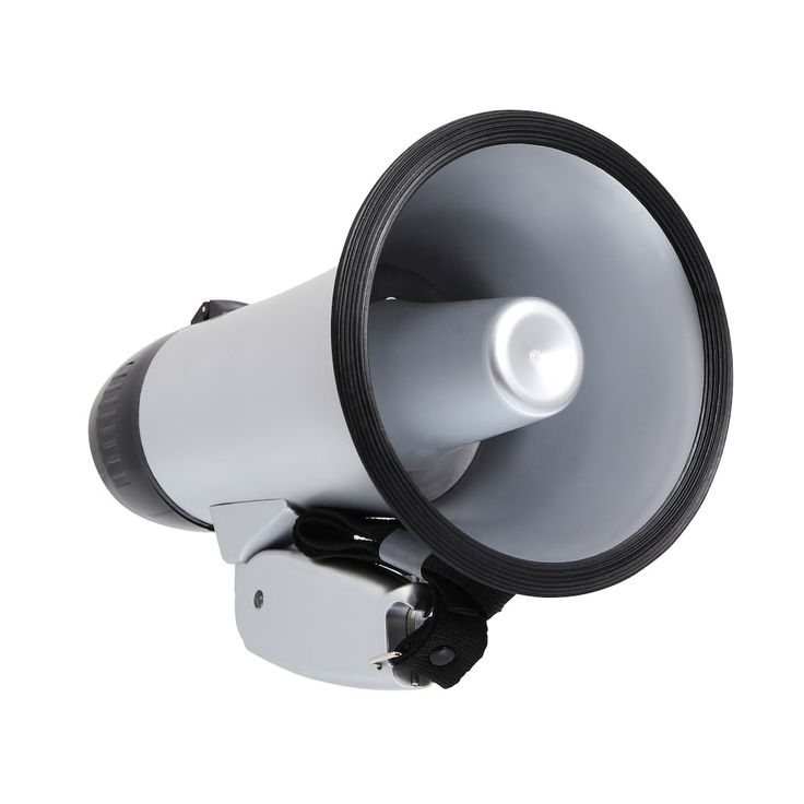 a white and black megaphone is shown on a white background with clippings