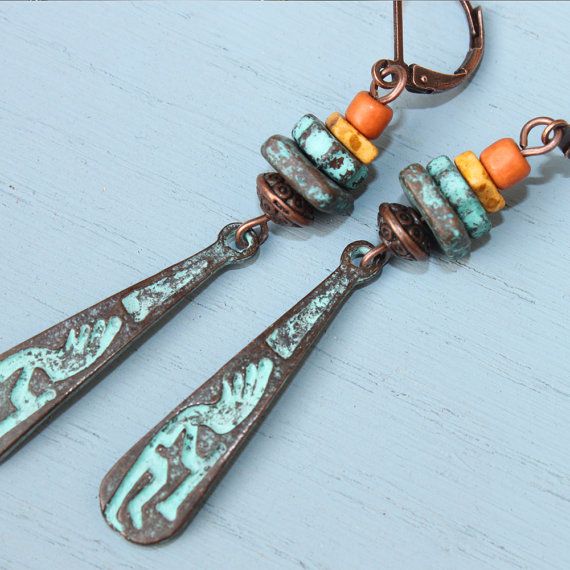 Blue Patina Dangle Earrings Greek Bead Earrings Boho Patina Dangles Bohemian Copper Earrings Boho Patina Earrings