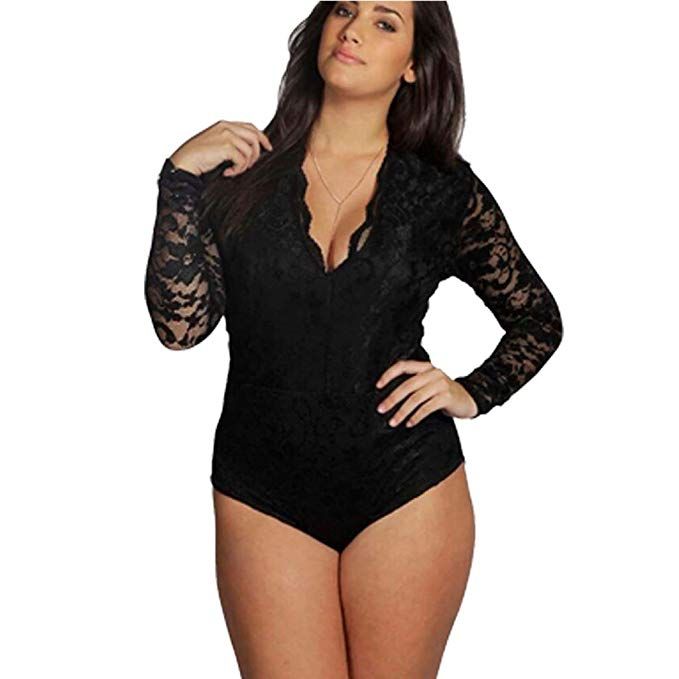 Plus Size Womens V Neck Lace Long Sleeve Bodysuit Ladies Jumpsuit Romper Tops Plus Size Womens V Neck Lace Long Sleeve Bodysuit Ladies Jumpsuit Romper Tops