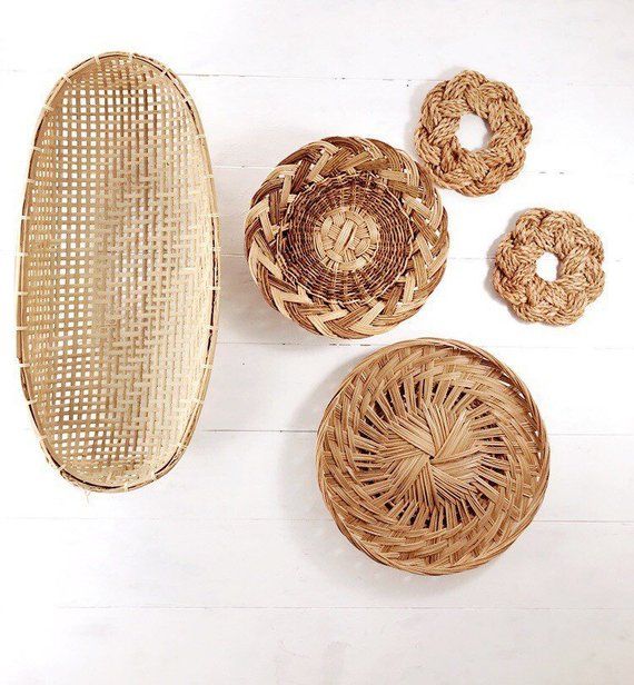 Boho Wall Basket Set Woven Basket Collection Wall Basket Etsy Baskets On Wall Boho Wall Basket Sets